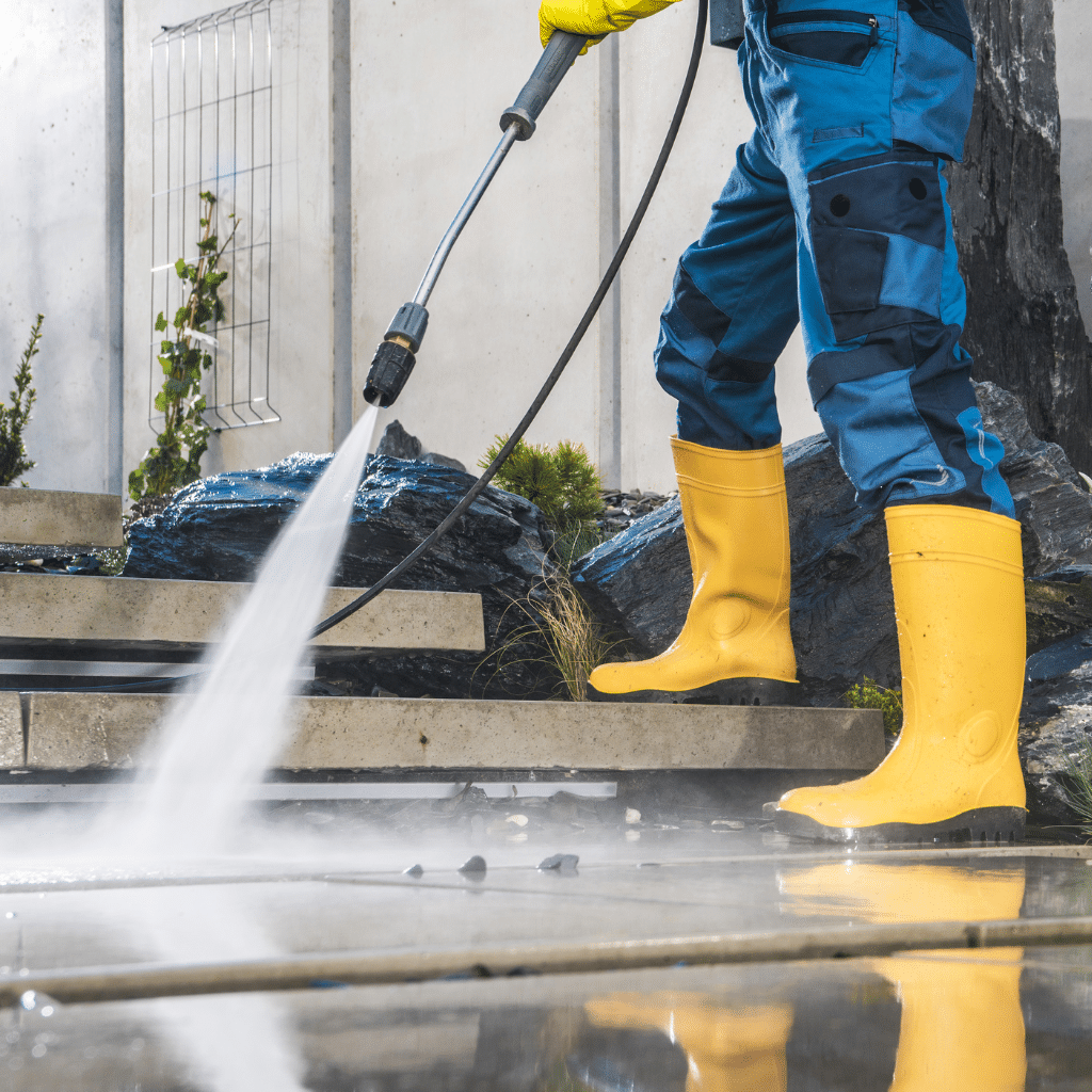 Patio pressure washing performed by technician in Edison, New Jersey